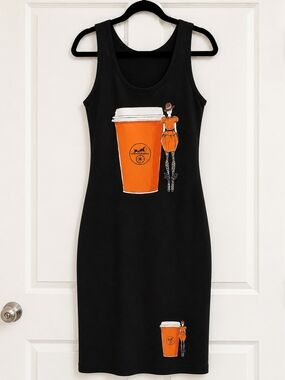 Black Midi Tank Dress with Orange Coffee Cup Graphic